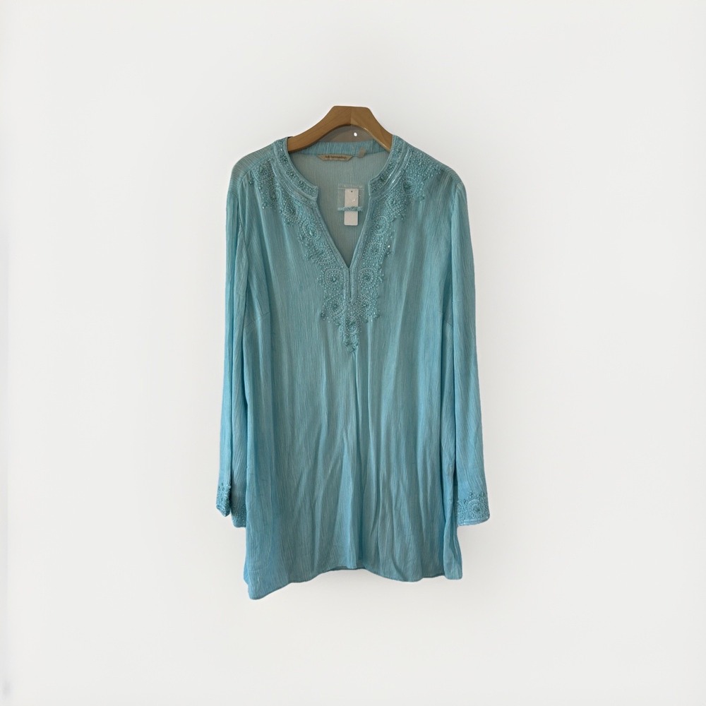 Soft Surroundings XL‎ Light Blue Beaded Sequin Crinkle Rayon Tunic Top 2G296